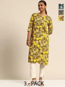 KETAKI FASHION Selection Of 3 Floral Printed Round Neck Straight Kurtas