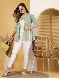 SUBAGI FASHION Floral Printed Mandarin Collar Cotton Short Button Shrug