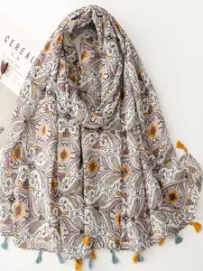 QUECY Women Ethnic Motifs Print Scarf with Tasselled Border