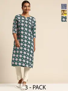 KETAKI FASHION Selection Of 3 Floral Printed Round Neck Straight Kurtas