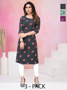 KETAKI FASHION Selection Of 3 Floral Printed Round Neck Straight Kurtas