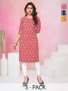 KETAKI FASHION Pack of 3 Women Bandhani Printed Round Neck Straight Crepe Kurta