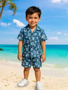 FASHION GRAB Boys Printed Short Sleeves Pure Cotton Shirt With Shorts