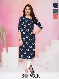 KETAKI FASHION Selection Of 3 Geometric Printed Round Neck Straight Kurtas