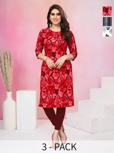 KETAKI FASHION Collection Of 3 Floral Printed Round Neck Crepe Kurtas