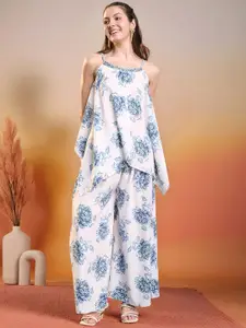 Sangria Floral Printed Shoulder Straps Top with Palazzos Co-Ords