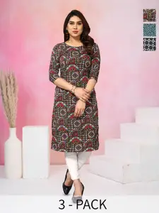 KETAKI FASHION Women Pack Of 3 Ethnic Motifs Printed Round Neck Crepe Straight Kurta