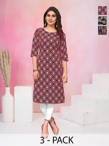 KETAKI FASHION Selection Of 3 Quirky Printed Round Neck Straight Kurtas