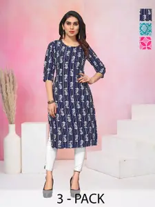 KETAKI FASHION Selection Of 3 Floral Printed Round Neck Straight Kurtas