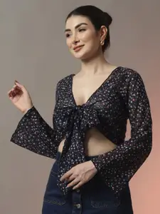 Trend Arrest Floral Printed Cropped Front Tie-Up Shrug