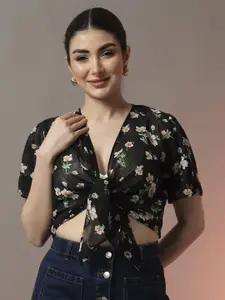 Trend Arrest Floral Printed Cropped Front Tie-Up Shrug