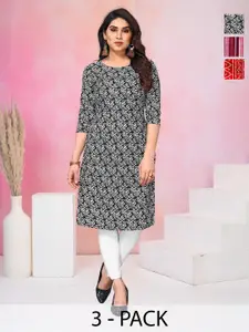 KETAKI FASHION Selection Of 3 Floral Printed Round Neck Straight Kurtas