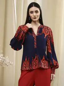Biba Women Ethnic Motifs Printed Mandarin Collar Bishop Sleeves High-Low Top