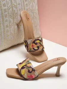 Froh Feet Women Embroiderd Party Kitten Heel Sandals With Western - Embellished