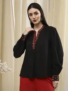 Biba Women Embroidered Mandarin Collar Cuffed Sleeve A-Line Top