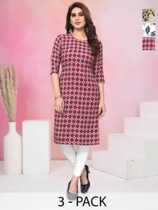 KETAKI FASHION Selection Of 3 Geometric Printed Round Neck Straight Kurtas