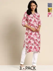 KETAKI FASHION Selection Of 3 Floral Printed Round Neck Straight Pure Crepe Kurtas