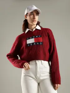 Tommy Hilfiger Women Brand Logo Printed V-Neck Regular Pullover