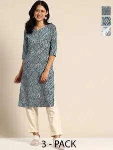 KETAKI FASHION Selection Of 3 Floral Printed Round Neck Straight Kurtas