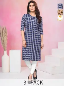 KETAKI FASHION Selection Of 3 Geometric Printed Round Neck Straight Kurtas