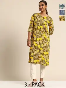 KETAKI FASHION Selection Of 3 Floral Printed Notch Neck Straight Kurtas