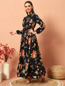 Raiyani Fashion Floral Print Tie-Up Neck Applique Crepe Fit & Flare Maxi Dress