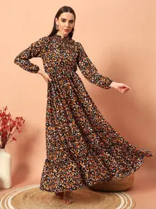 Raiyani Fashion Floral Print Tie-Up Neck Applique Crepe Fit & Flare Maxi Dress