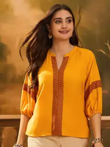 Sangria Embroidered V-Neck Top With Contrast Detailing