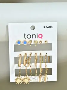 ToniQ Set of 9 Gold Multicolor Pearl Sun Tree Floral Studs Drop & Hoops Earrings