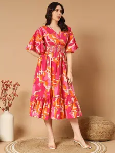 Raiyani Fashion Printed Flared Sleeve Smoked Crepe Fit & Flare Maxi Dress