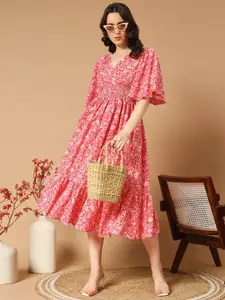 Raiyani Fashion Women Floral Printed Bell Sleeve Smocked Fit & Flare Dress