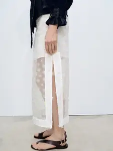 MANGO Floral Embroidered Semi Sheer Straight Midi Skirt