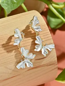 ToniQ Gold-Toned Twin White Enamelled Bufferfly Drop Earrings