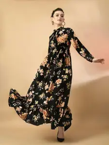 Raiyani Fashion Floral Print Tie-Up Neck Applique Crepe Fit & Flare Maxi Dress