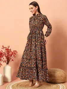 Raiyani Fashion Floral Print Tie-Up Neck Applique Crepe Fit & Flare Maxi Dress