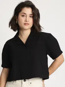The Roadster Lifestyle Co Cotton Linen Shirt Style Cropped Top