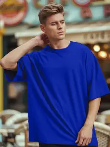Leotude Men Solid Round Neck Cotton Oversized T-shirt