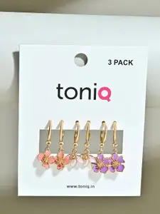 ToniQ Set of 3 Multicolor Enamelled Floral Hoop Earrings