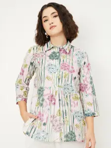 max Floral Printed Shirt Collar Pleated Kurti
