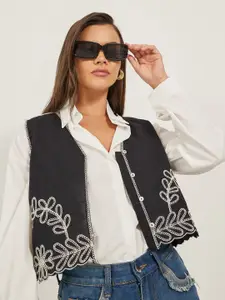 Styli Women Monochrome Regular Fit Embroidery Cotton Front Open Buttoned Vest Top