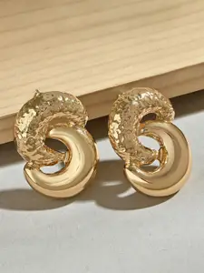 ToniQ Gold-Toned Party Molten Double Loop Circular Textured Stud Earrings