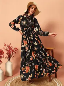 Raiyani Fashion Floral Print Tie-Up Neck Applique Crepe Fit & Flare Maxi Dress