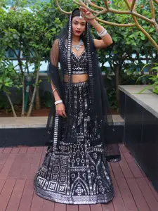 ODETTE Embellished Mirror Work Semi-Stitched Lehenga & Blouse With Dupatta