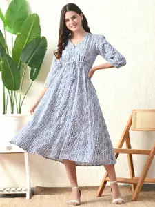 DECKEDUP Ethnic Motifs Print Fit & Flare Midi Dress