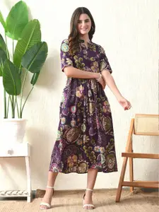 DECKEDUP Floral Print Empire Midi Dress