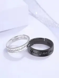 DIVASTRI Set Of 2 Heart-Beat Black Silver Couple Finger Rings