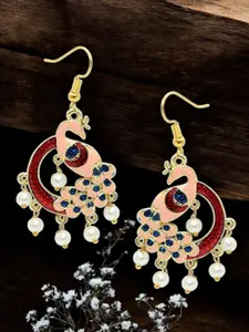 OOMPH Artificial Stones Studded And Beaded Peacock Shaped Drop Earrings