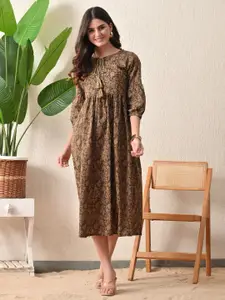 DECKEDUP Ethnic Motifs Print Tie-Up Neck A-Line Maxi Dress