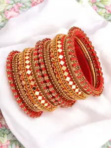FEMMIBELLA Set Of 18 Gold-Plated Cubic Zirconia-Studded Silk Thread Mirror Work Bangles