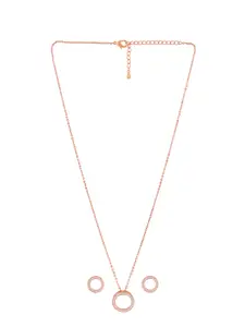 Peora Rose Gold-Plated Cubic Zirconia-Studded Round Pendant Chain & Earrings Jewellery Set
